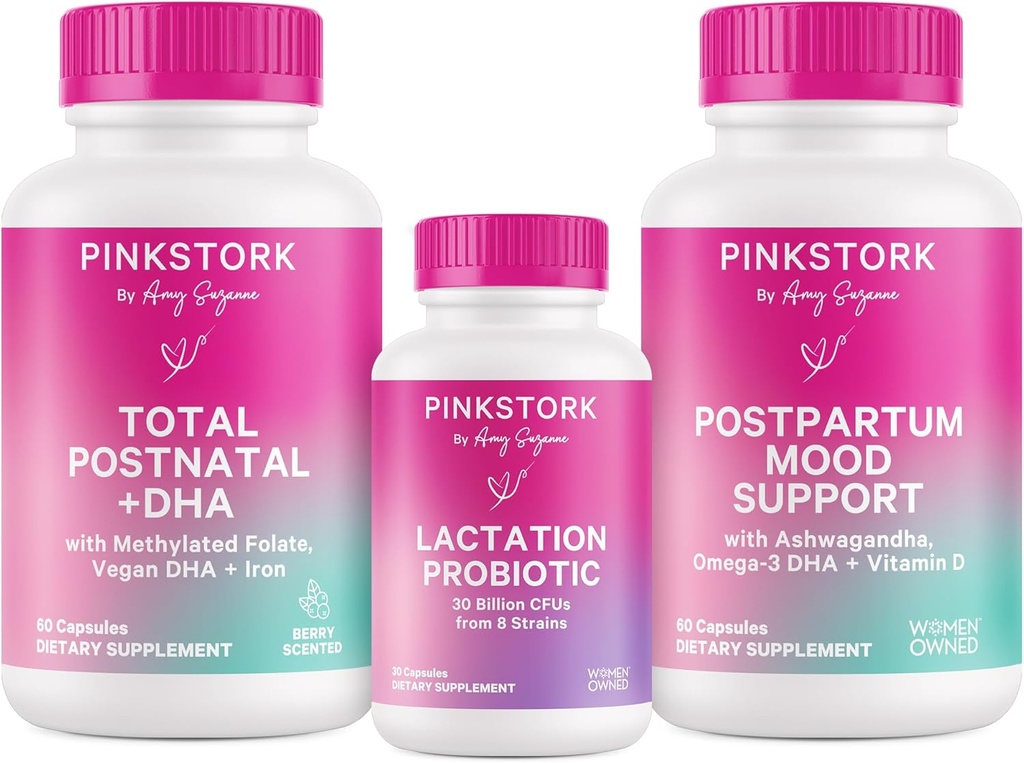Pink Stork New Mom Necessidades Pacote: Vitamina pós-natal com DHA e ácido fólico, Aleitamento Probiótico para fornecimento de leite materno + suporte imunológico, Mood pós-parto + suporte hormonal, Essenciais pós-parto