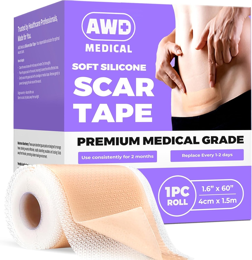 AWD Silicone Scar Sheets for Surgical Scars - Fita de cicatriz de silicone grau médico sem costura para a seção C, Tuck Fita de barriga - Silicone Skin Patches Após a cirurgia deve ter (1,6" x 60" Rolo sem costura)