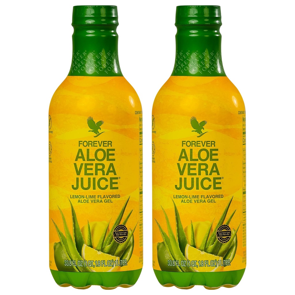 Viver para sempre - Aloe Vera Juice - Limão sabor limão com gel de folha interior Pure - Suporta Digestão e Imunidade - 1L Cada um (Pacote de 2)