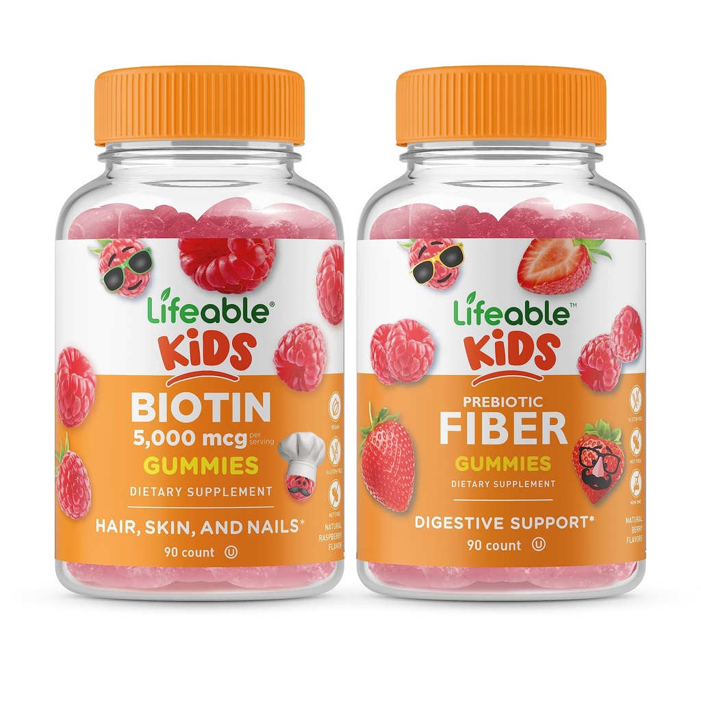 Crianças Biotina Lifeable + Prebiótico Fiber Kids, Gummies Bundle - Grande degustação, Suplemento Vitamina, Gluten Free, GMO Free, Gummy mastigável