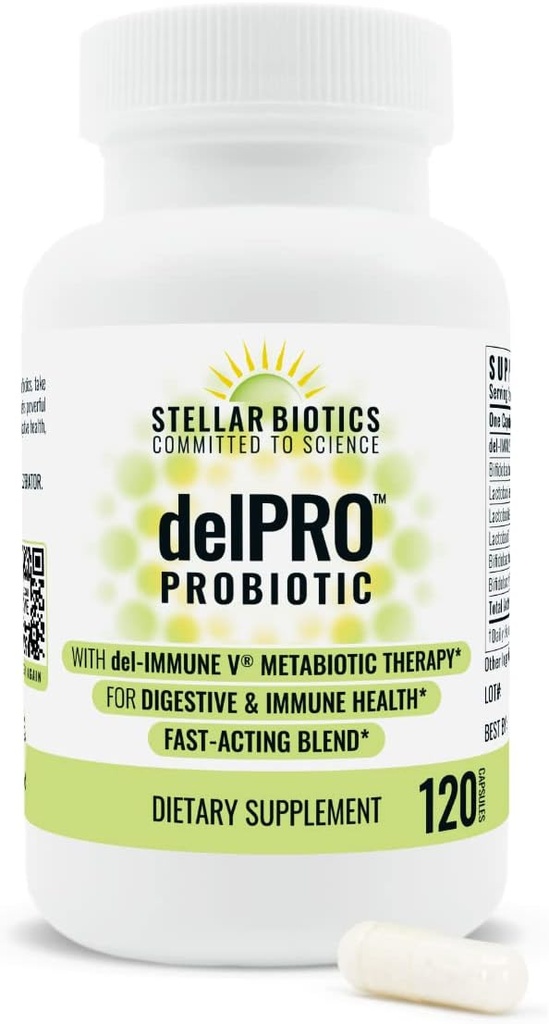 Del-Immune V® + Delpro Probiótico e Mistura Prebiótica por Biotics Stellar - Promove a Saúde Óptima Gut, Digestão, Suporte Imune e Humidade (120 Cápsulas)