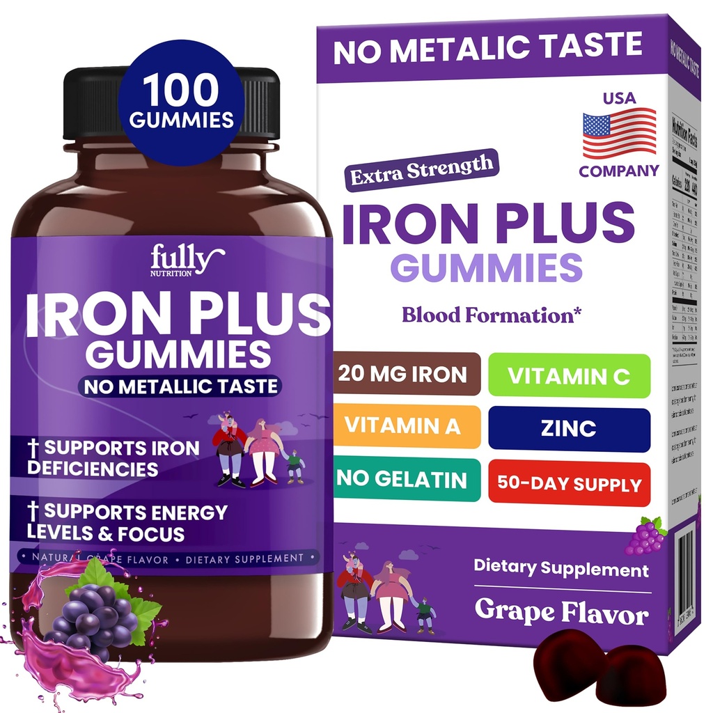 Pastilhas de Ferro Suplementos para Mulheres, Homens e Crianças – Saúde Sangue e Apoio Energético para Deficiencia de Ferro, Anemia, Não Depois de Sabor de Uva Fresco- 100 Gummies (50 Dias de Abastecimento)