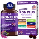 Pastilhas de Ferro Suplementos para Mulheres, Homens e Crianças – Saúde Sangue e Apoio Energético para Deficiencia de Ferro, Anemia, Não Depois de Sabor de Uva Fresco- 100 Gummies (50 Dias de Abastecimento)