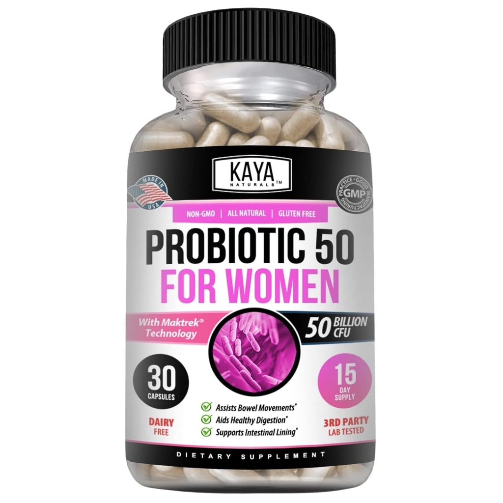 Kaya Naturals Probiótico 50 bilhões de UFC - Probióticos para Mulheres, Probióticos para Homens e Adultos, Natural - Gut Health & Imune Support Supplement - Fornece suporte digestivo - 30 Cápsulas Vegetais