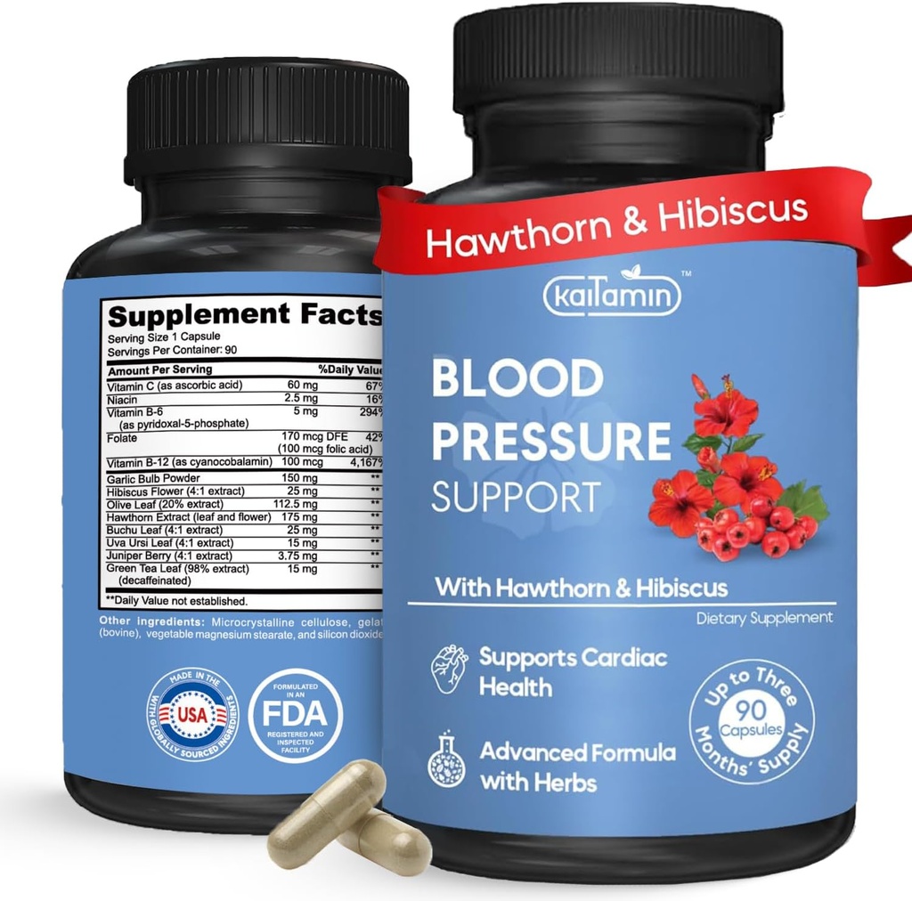 Blood Pressure Support Supplement – Natural Hawthorn, Hibiscus, Alho & Folha de Oliva – Heart Health & Circulation Support – B12, B6 – Vegan, Não-GMO – 90 Caps (3-mês de abastecimento)