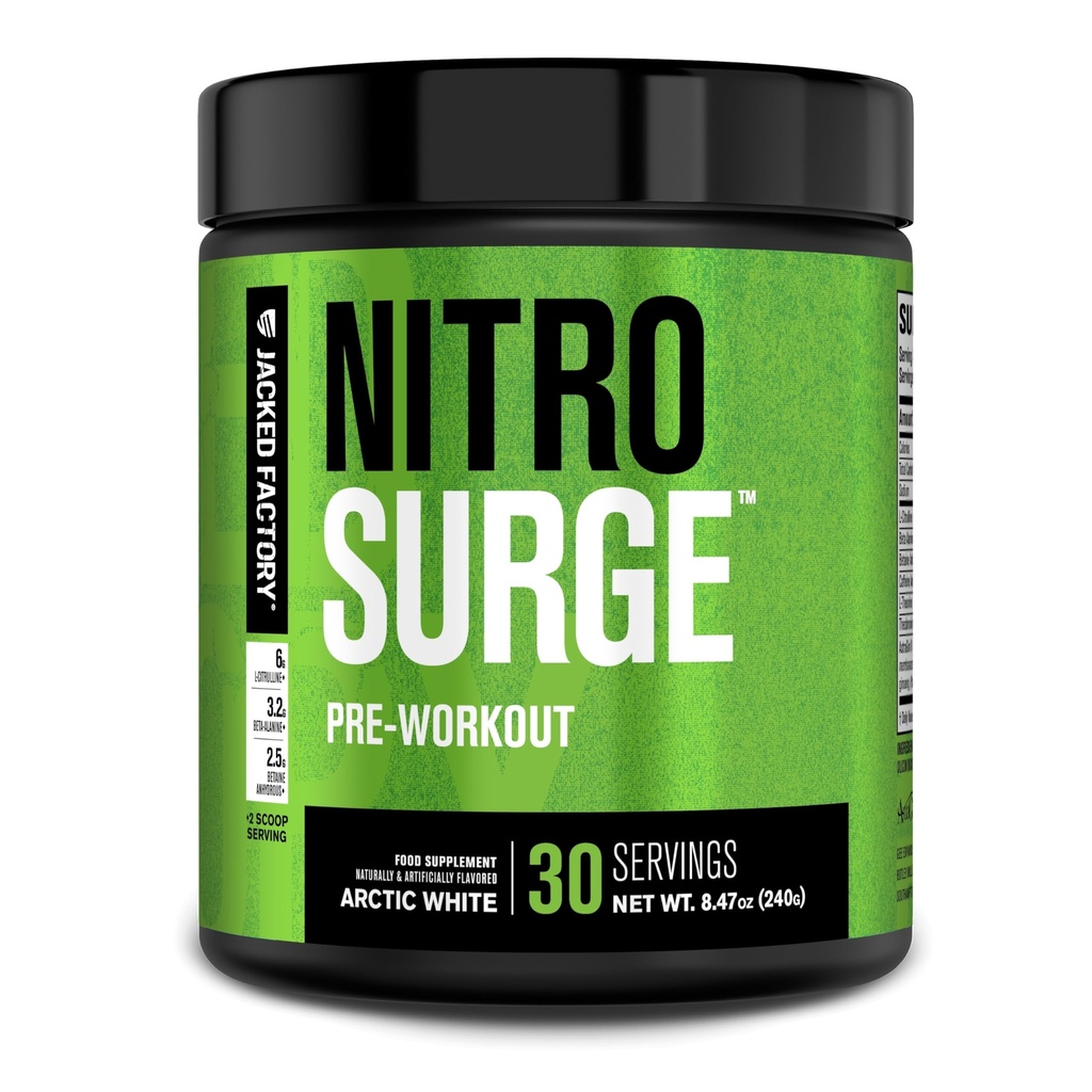 Jacked Factory NITROSURGE Pre Treino Suplemento - Energia sem fim, Ganhos de força instantâneos, Foco claro, Bombas intensas - NO Booster & Powerful Pré-treino Energia Pó - 30 Servings, Ártico Branco