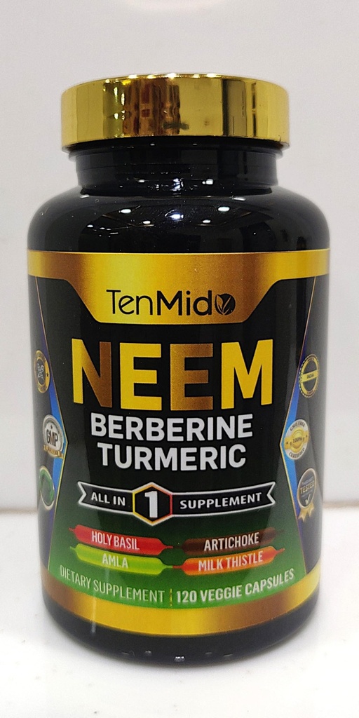 Neem Leaf Supplement - Fórmula 8in1 - Combine com Berberine, Açafrão, Santo Basílio, Amla, Alcachofra, Cardo de Leite e Pimenta Preta - Suporte Imune - 120 Cápsulas para Fornecimento de 4 Meses