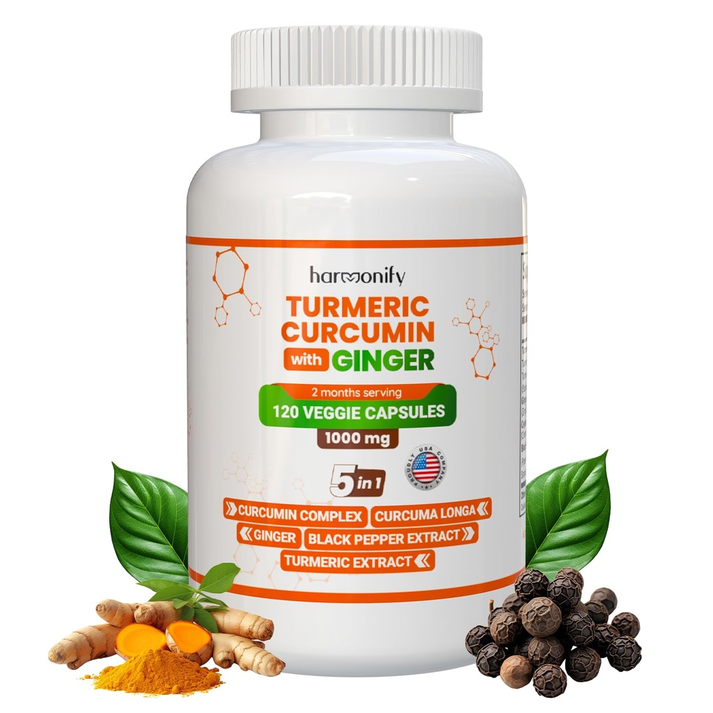 Suplemento de Curcumina Turmérica com Ginger, Canela de Ceilão e Complexo de Pimenta Negra 5 em 1 Fórmula, Curcuma Longa, Absorção Máxima, 1000 mg, 120 Cápsulas de Extrato de Erva