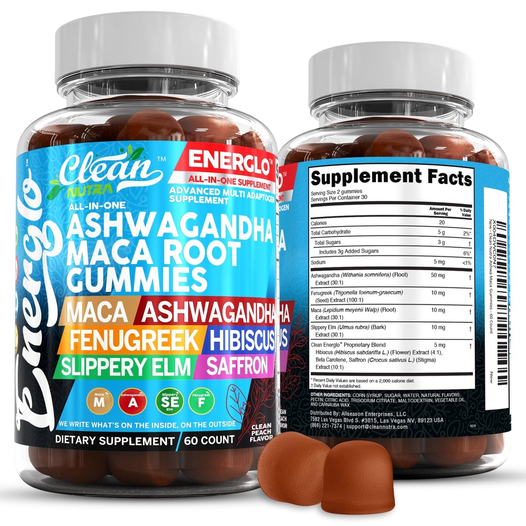 Ashwagandha Maca Gummies raiz com Fenugreek Hibiscus Slippery Elm Saffron Extract & Beta Carotene