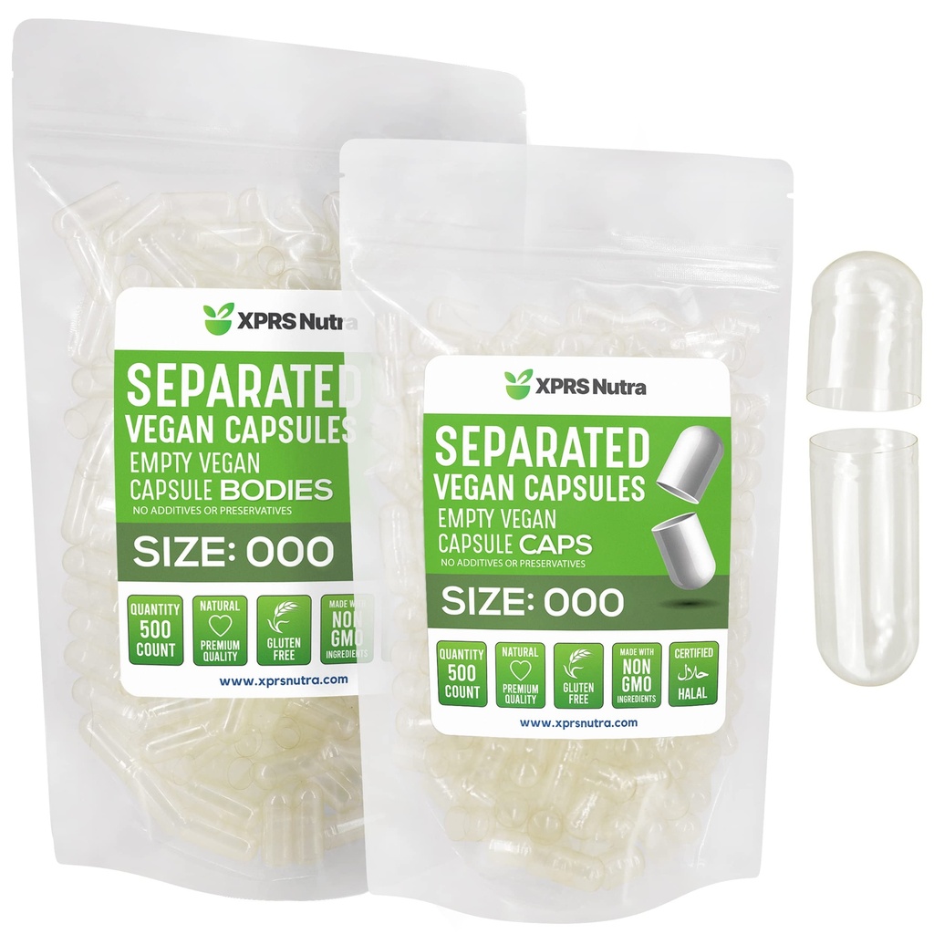XPRS Nutra Vegan Tamanho 000 Cápsulas Separadas- 500 Conde Premium Tampas Vazias Separadas em Sacos - Limpar Cápsulas Vazias - 000 Comprimidos para Preenchimento Suplemento DIY