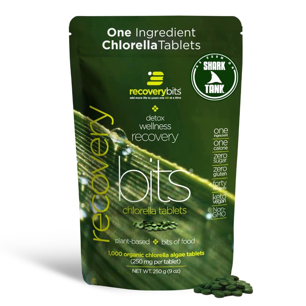 RECOVERYbits - Comprimidos orgânicos de chlorela - Superalimento de algas com base vegetal - Clorofila - Parede celular rachada - Energia - Sistema imunológico - Detox - Keto - Vegan - Não-GMO - Grande Bolsa - 1000 Comprimidos