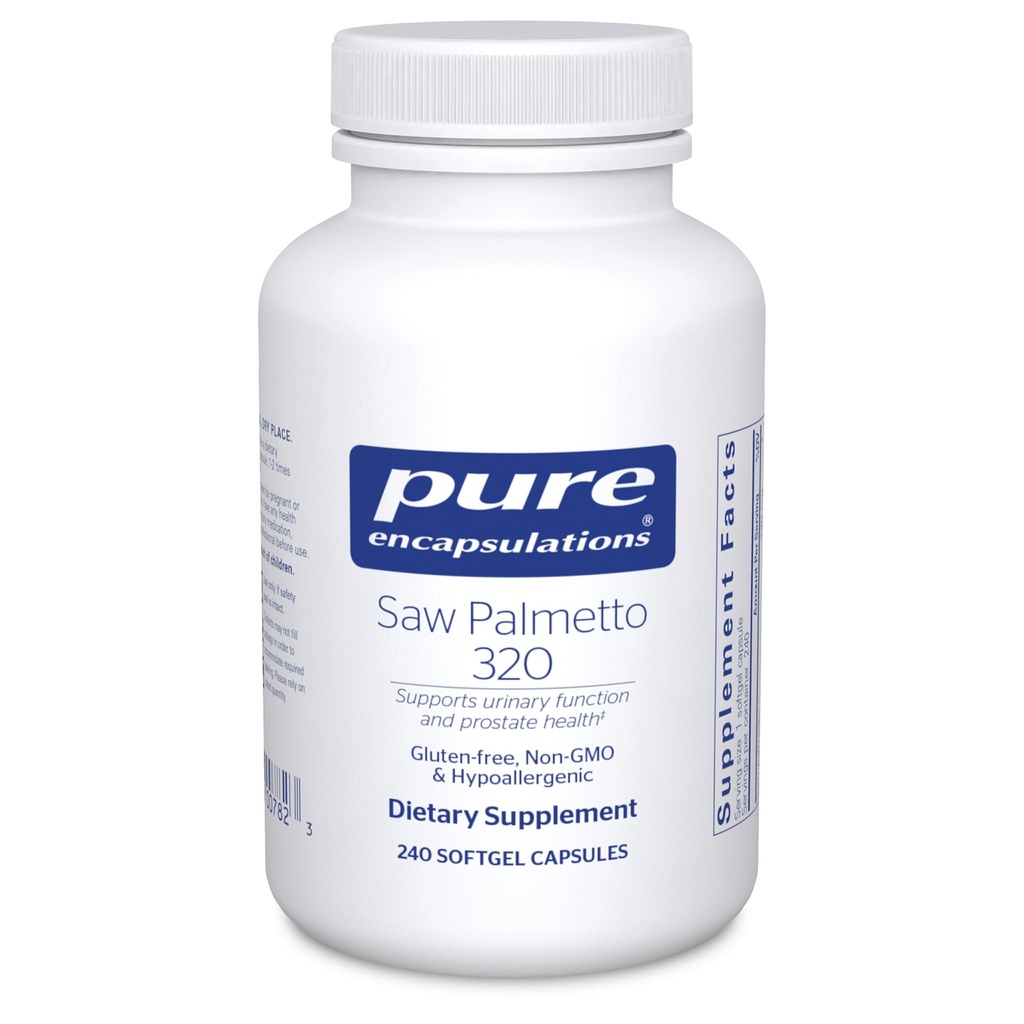 Encapsulamentos puros Serra Palmetto 320 - Ácidos gordos e outros nutrientes essenciais para apoiar o metabolismo e função urinária - com extrato de Palmetto serra - 240 Cápsulas Softgel