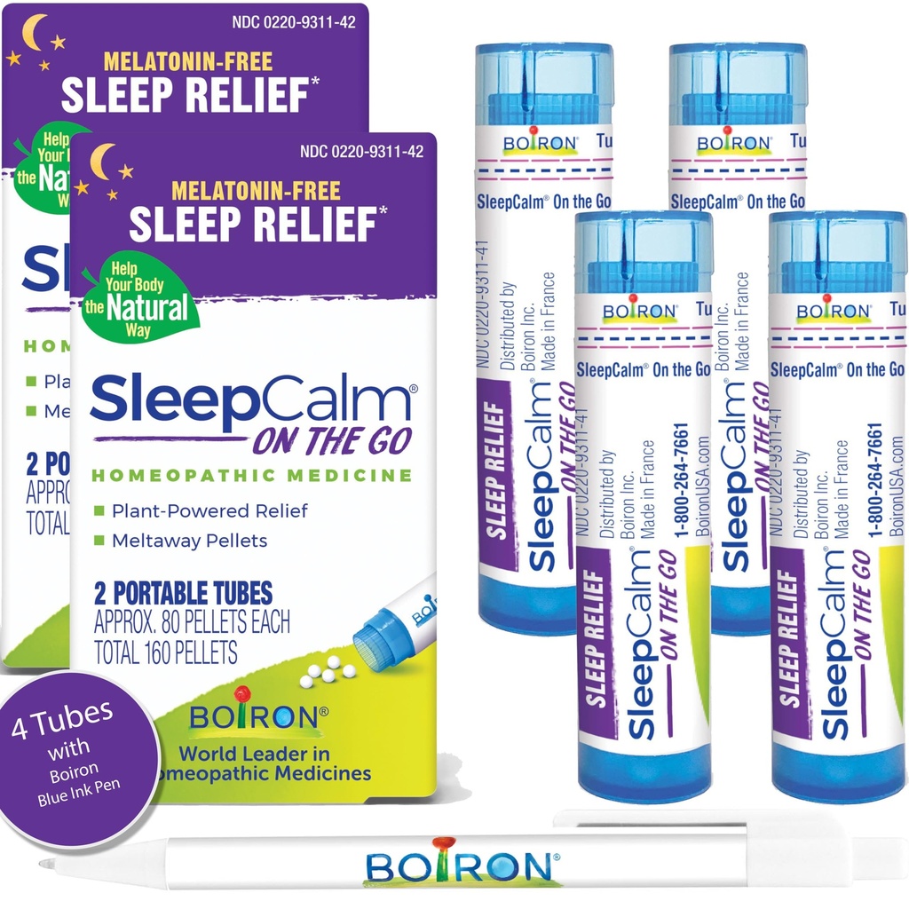 Boiron SleepCalm on the Go Sleep Aid for Deep, Relaxing, Restful Nighttime Sleep - Melatonin-Free e Non Habit-Forming - 80 Contagem por tubo - 4 tubos com caneta azul