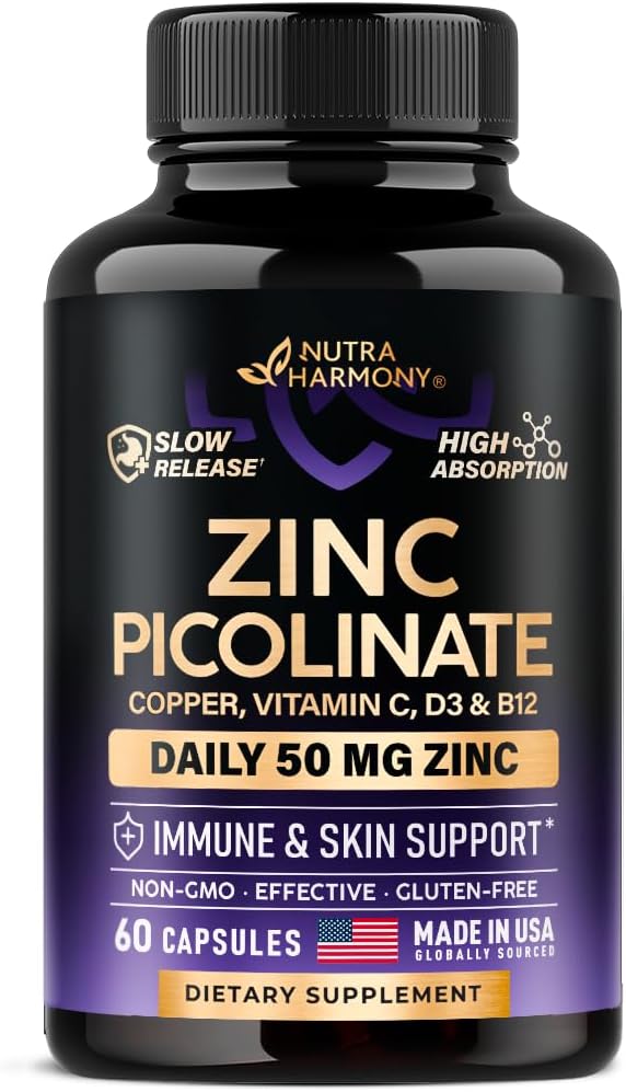 Picolinato de zinco 50mg - Suplemento de zinco com cobre, Vitamina D3 & B12 - Estômago amigável - Libertação lenta - Suporte imunológico e saúde da pele - alta absorção com BioPerine & Vitamina C - 60 Cápsulas