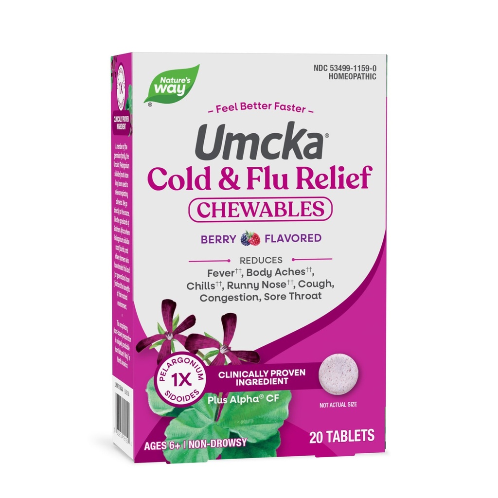 Via da natureza Frio + Flu Alívio, Umcka, Encurta Duração e Reduz Severidade, Multi-Symptom Alívio, Homeopático, fenilefrina Livre, Não-Drowsy, Berry Flavored, 20 comprimidos mastigáveis (Pacote de Maio Vary)