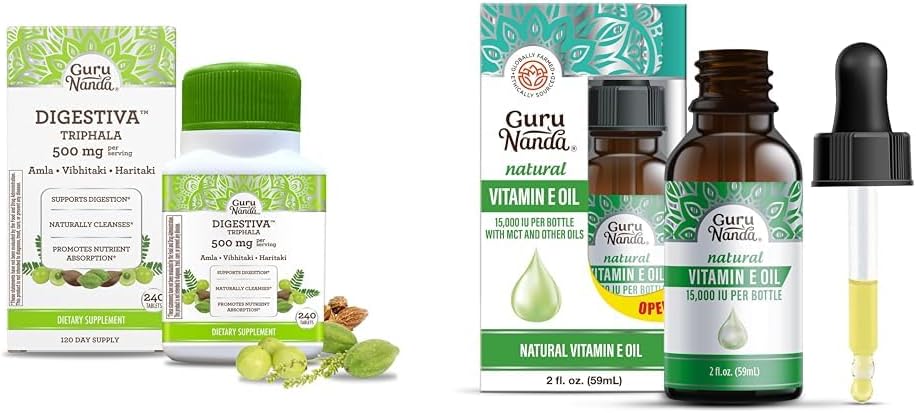 GuruNanda Digestiva Triphala (240 comprimidos) & Vitamina E Oil (2 Fl Oz) - Suporta Digestão, Ajuda com Bloating & Obstipação, Suplemento dietético com Amla, Haritaki & Bibhitaki