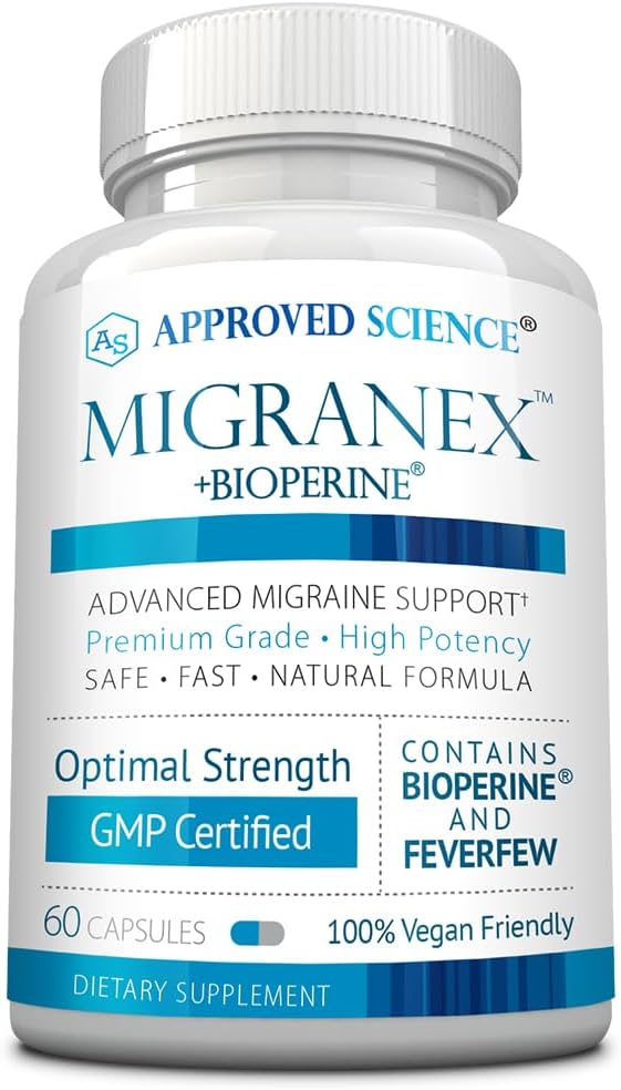 Migranex Ciência aprovado - Enxaqueca & Cefaleia - Magnésio, Feverfew- 60 Cápsulas - Pacote de 1 - Vegan