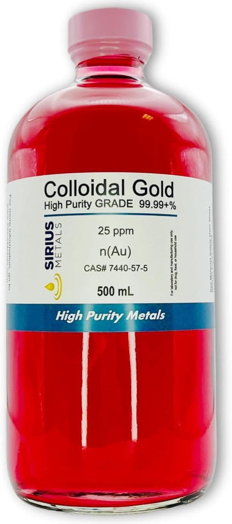 Verdadeiro ouro coloidal – 25 ppm - 99,99+% Pureza - 500 mL (16.9 Fl Oz) em garrafa de vidro - Feito nos EUA
