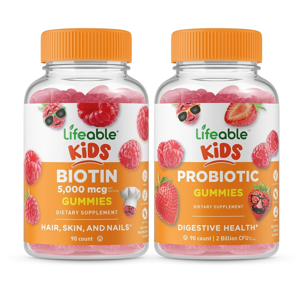 Biotina Lifeable Kids + Probiótico 2 bilhões de UFC Kids, chicletes Bundle - Grande degustação, Suplemento Vitamina, Sem glúten, GMO Livre, Gummy mastigável