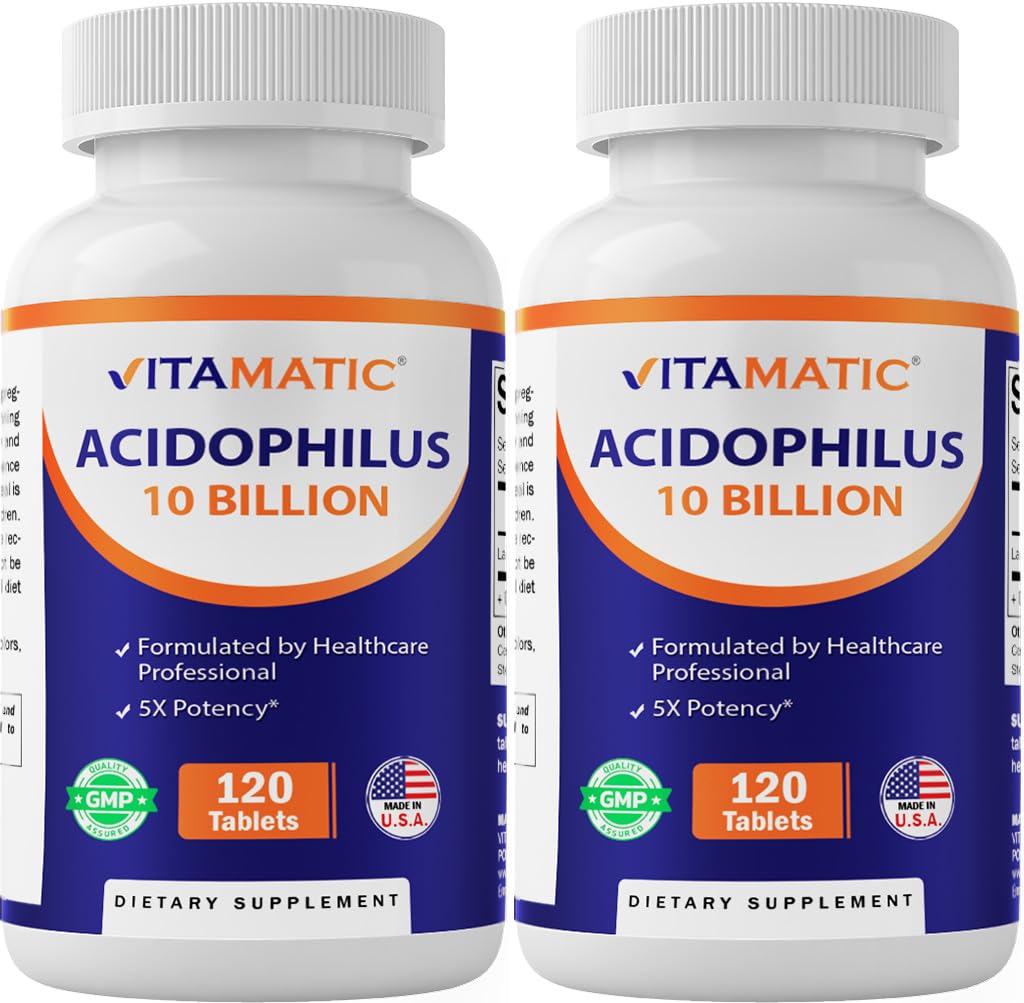 Vitamatic 2 Embalagens Acidophilus Probiótico - 10 Bilhões UFC - 120 Comprimidos - 5X Potência - Suplemento Probiótico Diário, Suporta Saúde Digestiva (Total 240 Comprimidos)
