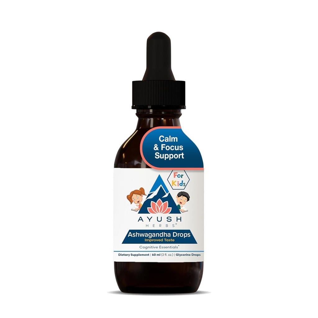Ayush Herbs Ashwagandha Drops para Crianças e Adultos - Gotas de Ashwagandha sem álcool, calmante suplemento diário para o foco calmo com Ashwagandha orgânico, sabor limão - 2 Fl Oz (80 Servings)