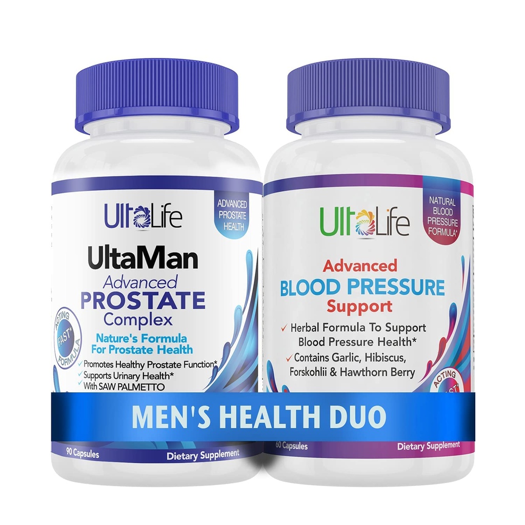 ULTALIFE Duo de saúde masculina - 2 garrafas - um complexo de suporte de próstata com serra Palmetto & Beta Sitosterol e um suplemento de alta pressão sanguínea com alho & Hawthorn Berry rápidas cápsulas para homens