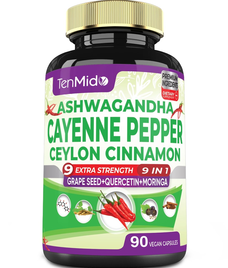 Cayenne Pepper Supplements Cápsulas, Fornecimento de 3 Meses & Ashwagandha, Ceilão Canela, Sementes de uva, Quercetin, Moringa, Ginkgo Biloba - Bem-Estar do Coração, Promove a Saúde Digestiva -90 Caps