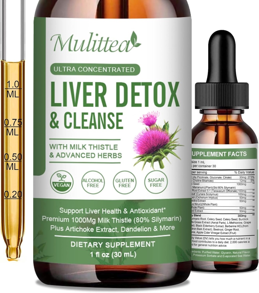 Saúde do fígado gotas líquidas -Suporte fígado limpar detox e reparação com alcachofra leite cardo Silymarin Extrato, Dandelion, Turmérica, Berberine para renovar w/21 Potent Herb-Nutrientes-