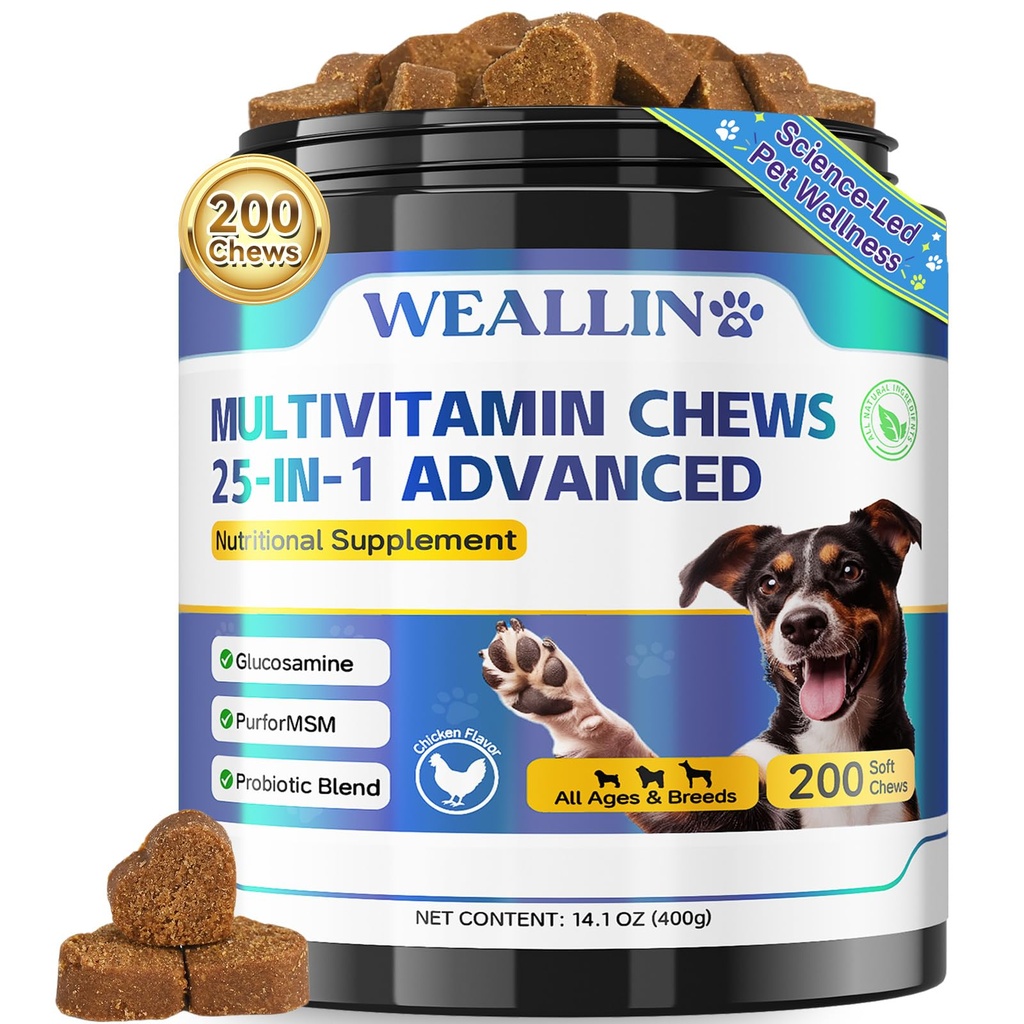 Vitaminas para cães - 25-em-1 Vitaminas e Suplementos Multivitamina com glucosamina Probióticos Omega-3 Puppy Multivitamin Chewable para casaco, coração, HIPS e articulações, Digestion & Imune System 200pcs
