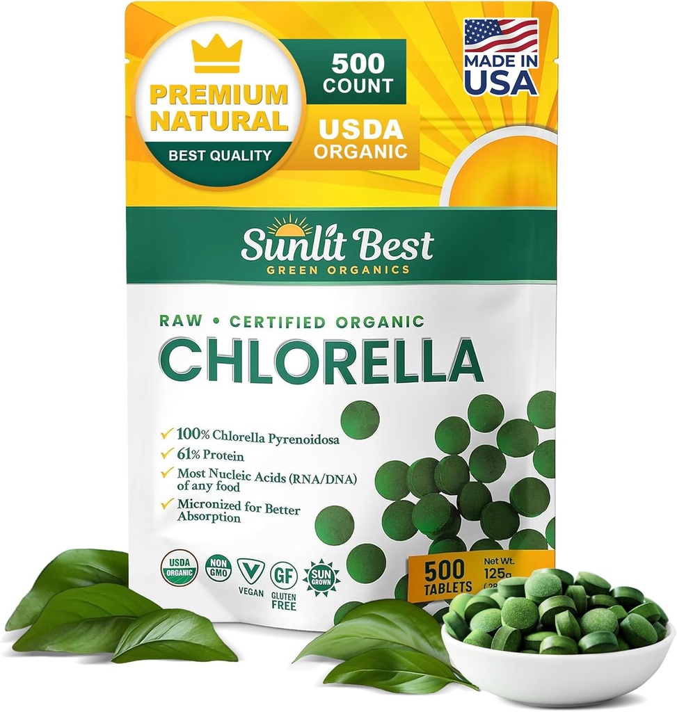 Sunlit Best USDA Organic Premium Chlorela Tablets 500 Tabs 100% Puro chlorela Suplemento superalimentar alto em proteína, clorofila, vitaminas, e minerais