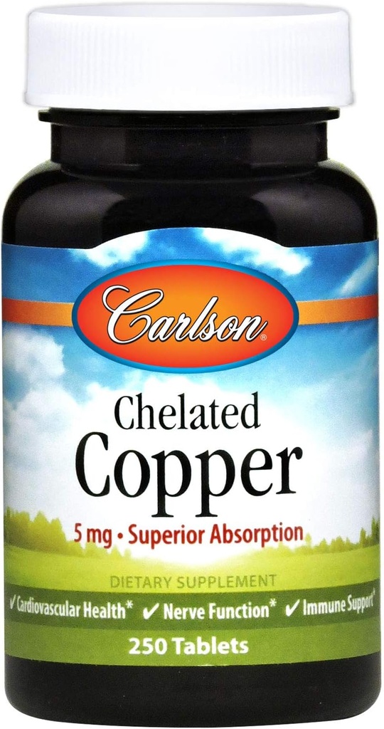 Carlson - Cobre Quelado, 5 mg, Absorção Superior, Saúde da Circulação, Função Nervo & Suporte Imune, 250 comprimidos