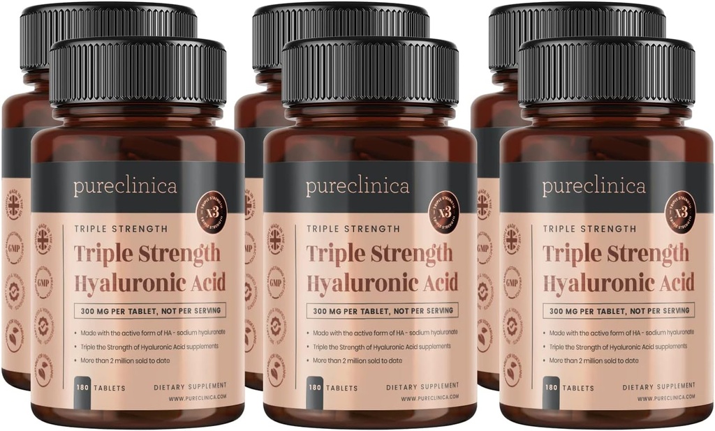 Pureclinica Ácido Hialurónico 300mg x 1080 Comprimidos (6 frascos de 180 Comprimidos - 3 Anos de Abastecimento). Ácido Hialurónico Triplo Força. 300% mais forte do que qualquer outro comprimido HLA