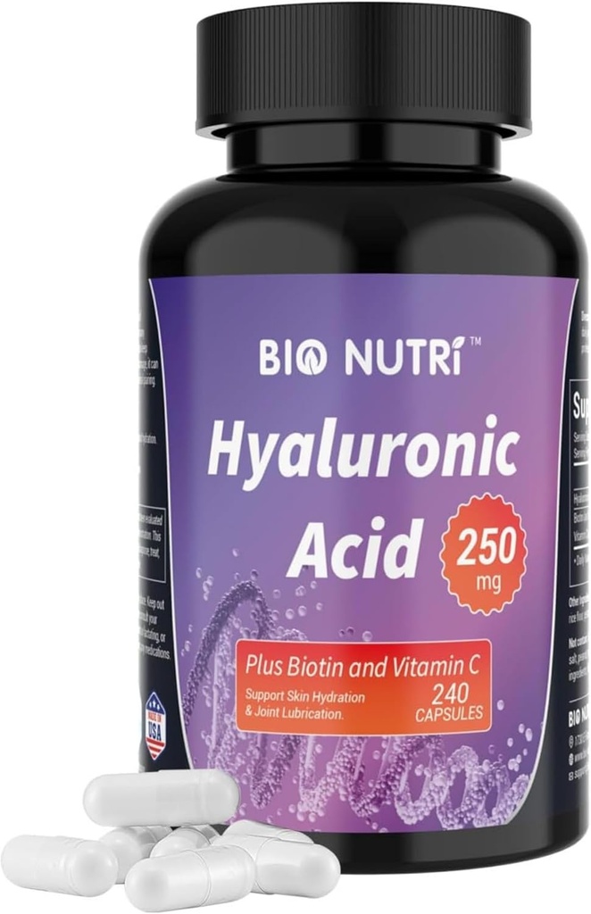 BIO NUTRI Suplementos de ácido hialurônico 250mg .240 Cápsulas, com Biotin 5000mcg & Vitamina C 25mg - Pele, cabelo e articulação 3 in1 Suporte