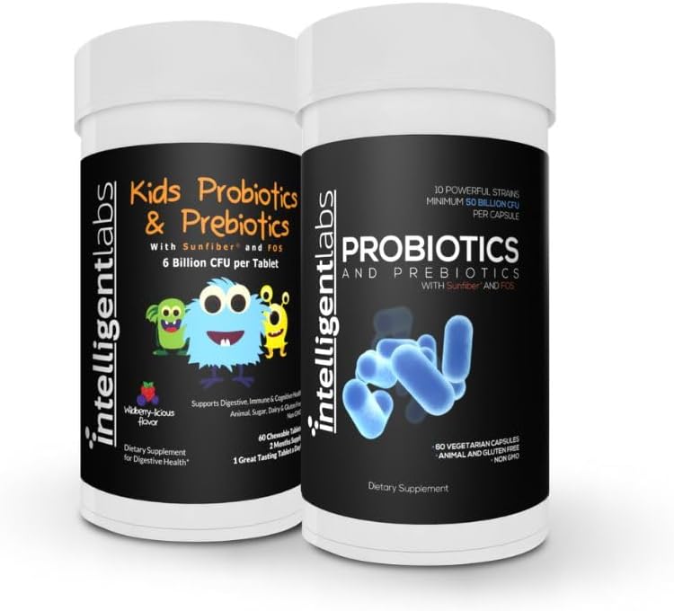 Laboratório Inteligente 2-em-1 Pacote de Probióticos para Crianças (6 bilhões de UFC com fibra solar e FOS) + Probióticos para Adultos (50 bilhões de UFC, 10 strains), Sem Refrigeração Necessária, 2 meses de fornecimento por garrafa