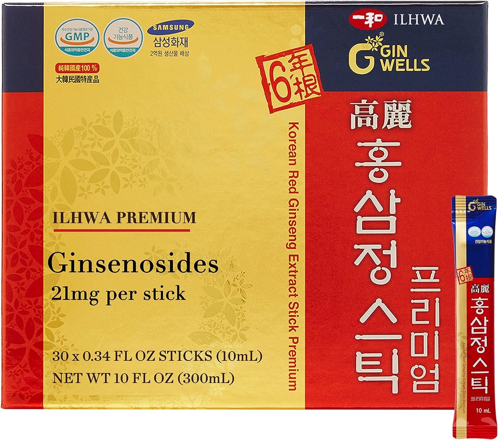 ILHWA Premium Corean Red Ginseng Extract Sticks (0.34fl oz X 30 Sticks) - para Imunidade. Ginsenoside 21 mg por serviço