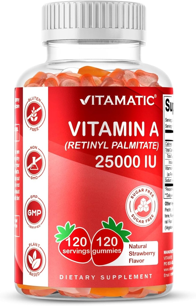 Vitamina Vitamatic sem açúcar A 25000 UI Gummies (Retinil Palmitate) - Natural Strawberry Flavor - 120 pastilhas à base de pectina (3 garrafas)