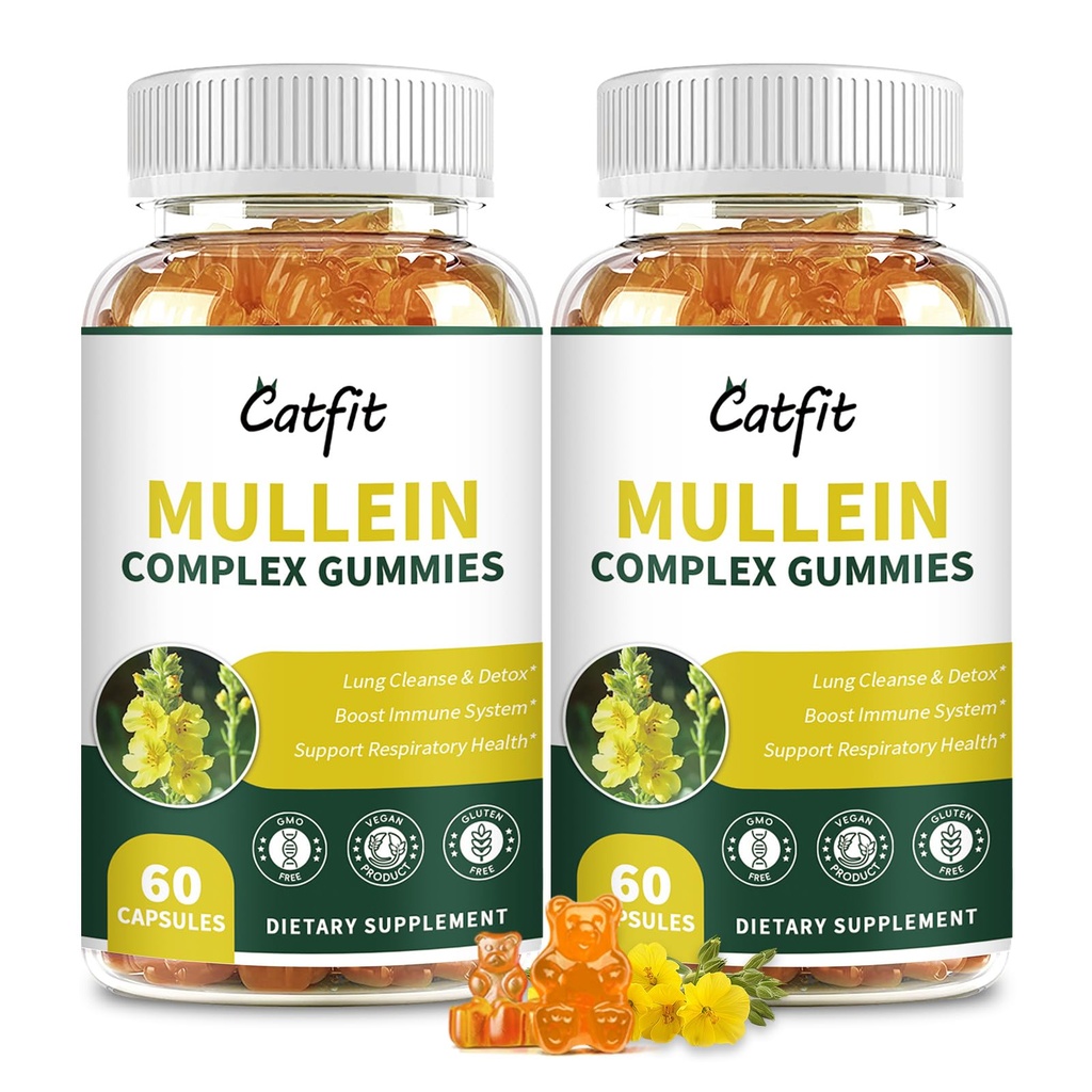 (120 pcs) Gummies de Mullein para Detox Pulmões– Extrato de Folha de Mullein com Quercetin, Elderberry para suporte respiratório e imunológico, respiração e limpeza de pulmão para fumantes, Vegan, flavor de abacaxi, (2 pacote)