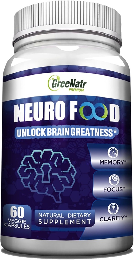 GreeNatr Brain Supplements for Memory and Focus - Ginko Biloba Cápsulas Brain Booster Supplement with B1, Folic Acid & Cálcio - Supplements for Cognitive & Brain Health 60 Cápsulas (1 garrafa)