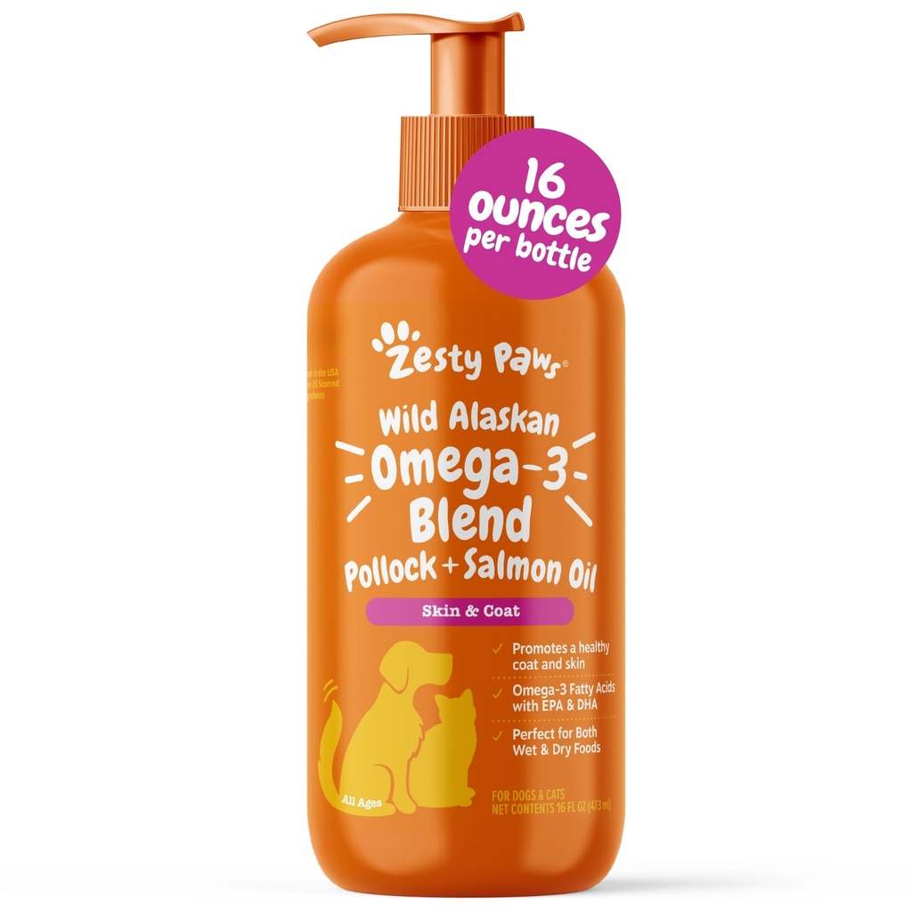 Zesty Paws Wild Alaskan Omega-3 Blend Pollock + óleo de salmão para cães e gatos- pele e casaco de apoio, Omega 3 Suplemento para animais de estimação, 16 onças