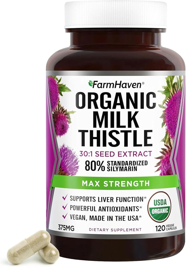 FarmHaven Silymarin Milk Thistle Cápsulas de 375mg Dosagem 30X Extrato Concentrado de Sementes e 80% Silymarin padronizado Não-GMO 120 Cápsulas Vegetais