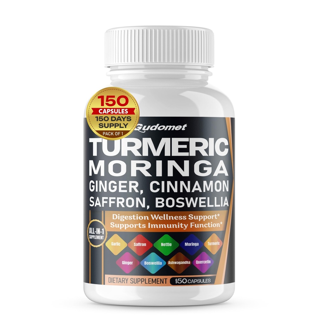 Turmeric Moringa Ginger Boswellia Quercetin Canela Açafrão Tart Cherry Odorless Garlic Nettle -150 Cápsulas- Made in USA