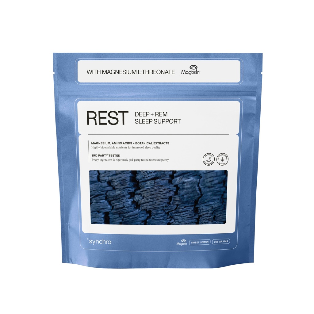 Synchro - Rest Sleep Supplements, Ajudas para o sono relaxantes para adultos, Suplemento de magnésio em pó para apoio de sono profundo, Suplemento de sono de bebida noturna, Doce sabor limão, 210 gramas