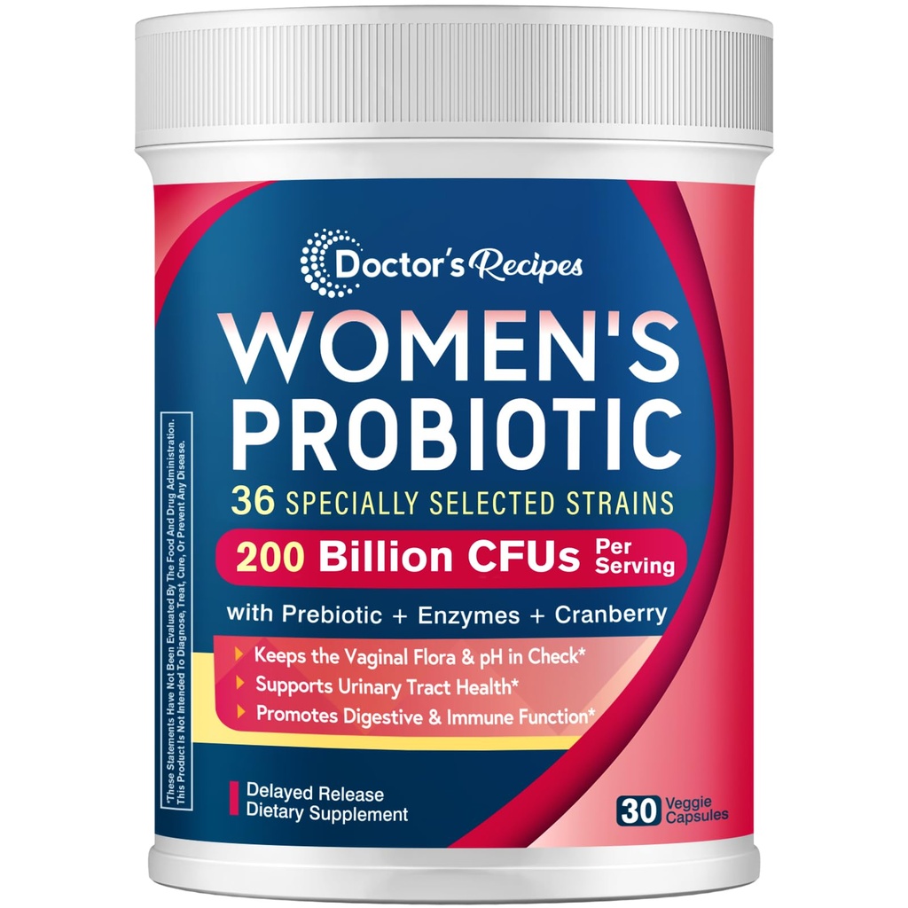 Receitas médicas Probióticos para Mulheres, 200B UFC 36 Strains, com Prebióticos, Enzimas & Cranberry, Digestivo urinário vaginal & Imune, prateleira estável, 30 Caps