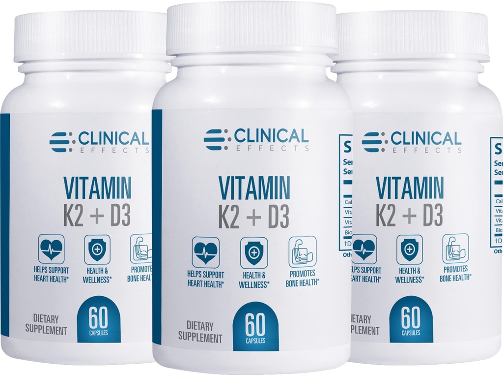 Efeitos Clínicos Vitamina K2 + D3 - K2 + D3 Suplemento Vitamina com Extrato de Pimenta Negra Bioperine e Cálcio para Apoio à Saúde Óssea e Cardíaca - 3 Pack - Max Absorção - Made in the USA