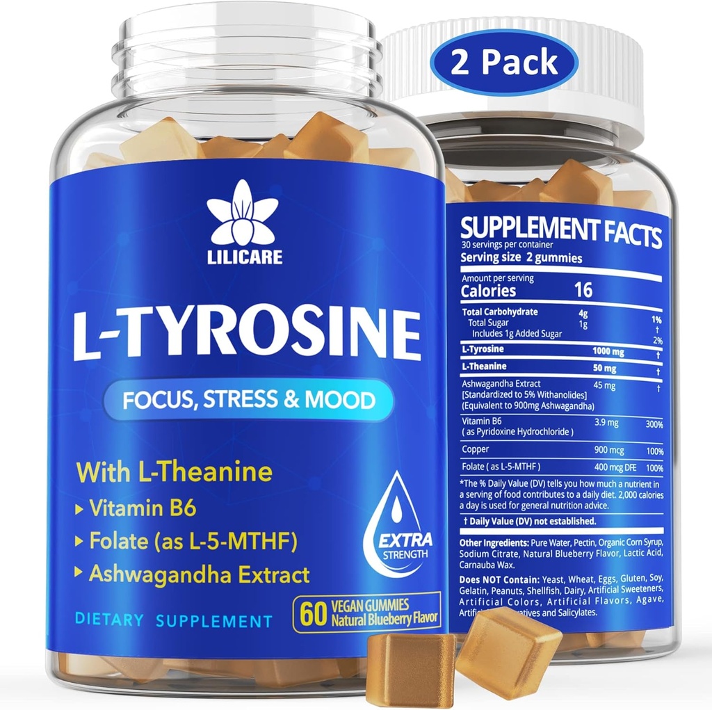 L Tyrosine Gummies 1100mg Suporte ao humor Mistura, com Ashwagandha, L-Theanina, Vitamina B Complexo B6, Folato (Vitamina B9), Foco & Memória, Cognição & Função Cérebro, Energia Boost, Suporte Stress, 2Pc/120ct