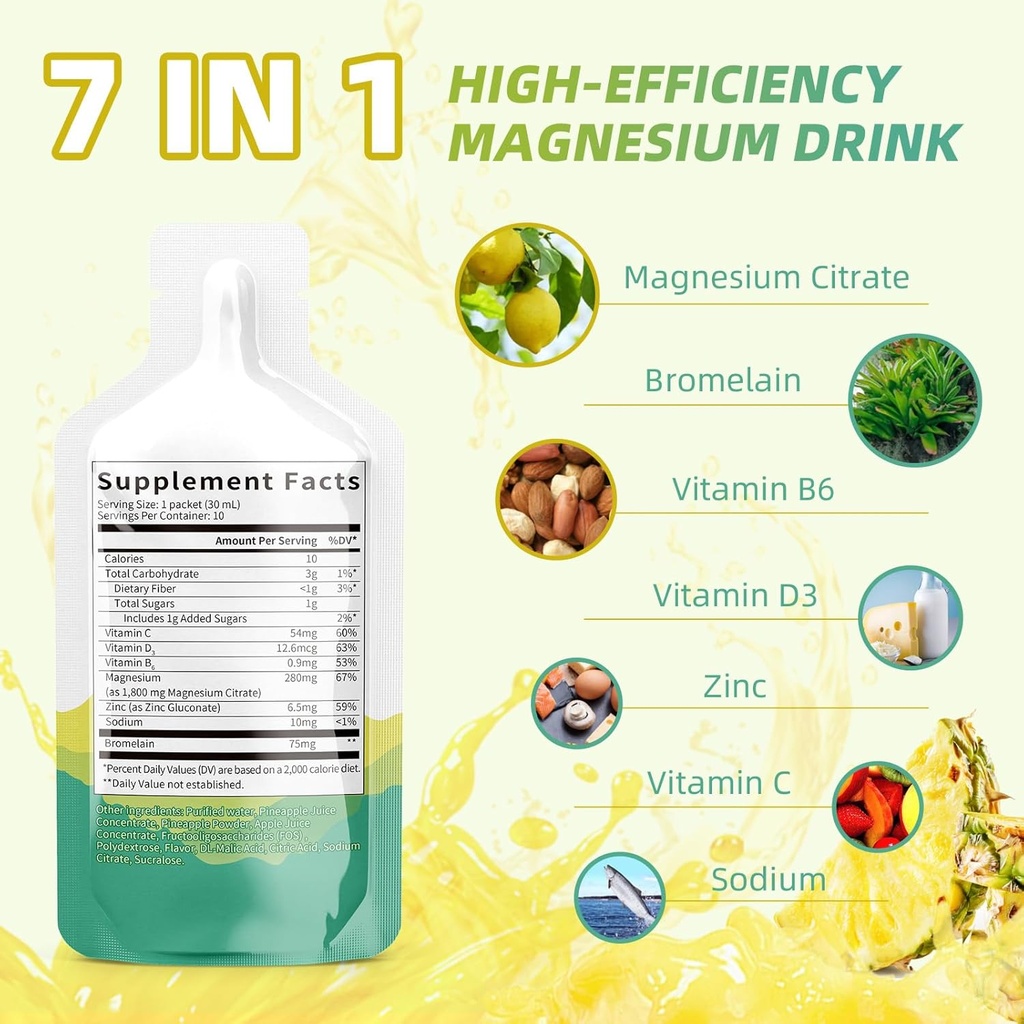 Suplemento Líquido de Citrato de Magnésio(10 Fl Oz), Solução de Bebida/Oral Complexo de Magnésio com VitaminaB,Zinc, Sódio e Bromelaína para Sono,Muscle,Heart,Gut Support(Pineapple)