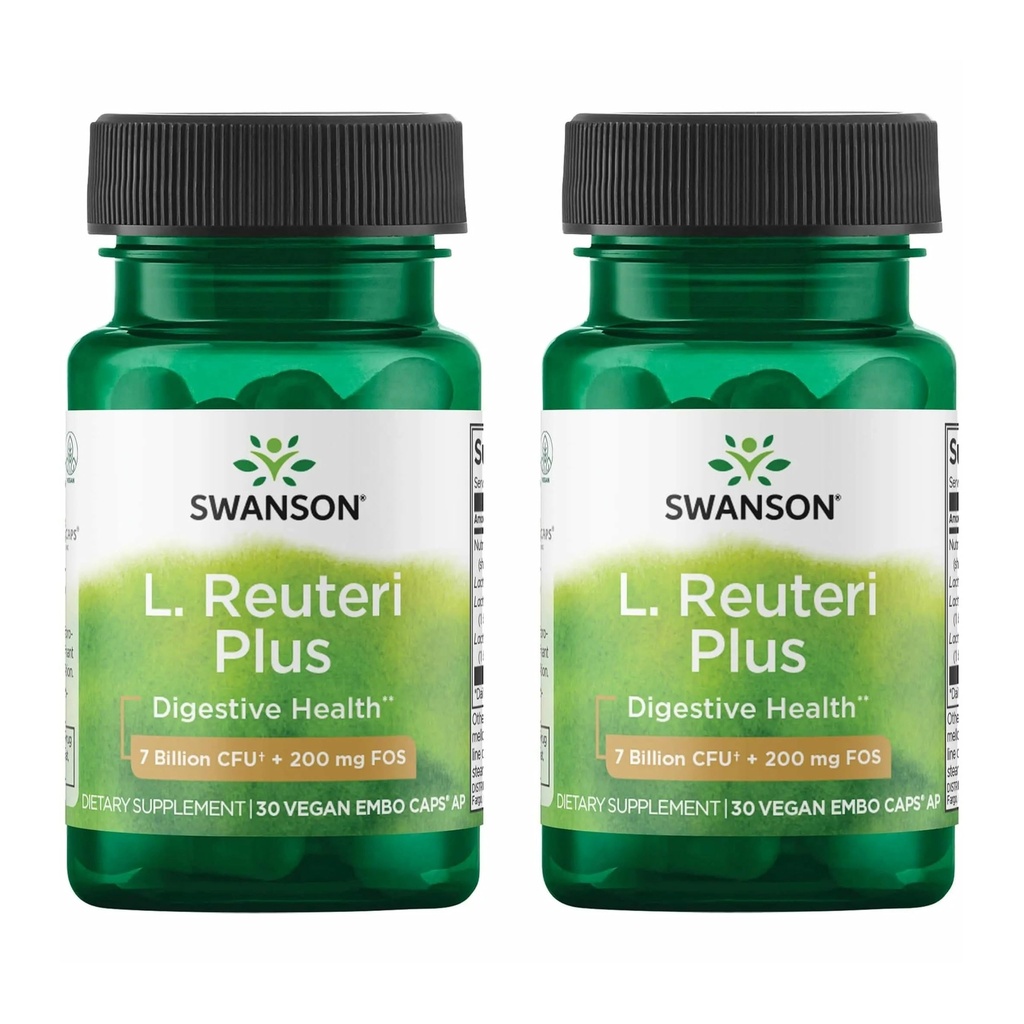 Swanson L. Reuteri Probiotic Plus w/L. Rhamnosus L. Acidophilus & FOS Suporte Digestivo Prebiótico - Promove Gut Health w/ 7 Bilhões UFC por cápsula - (30 Cápsulas Veggie) (2 Embalagem)