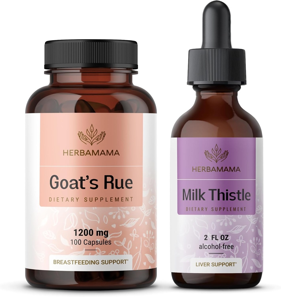 HERBAMAMA Goat's Rue and Milk Thistle Kit - Pacote de 1200 mg Cápsulas & Milk Thistle Liver Detox Drops 2 fl oz - Vegan, Não-GMO, Açúcar & Álcool - 2 Pack