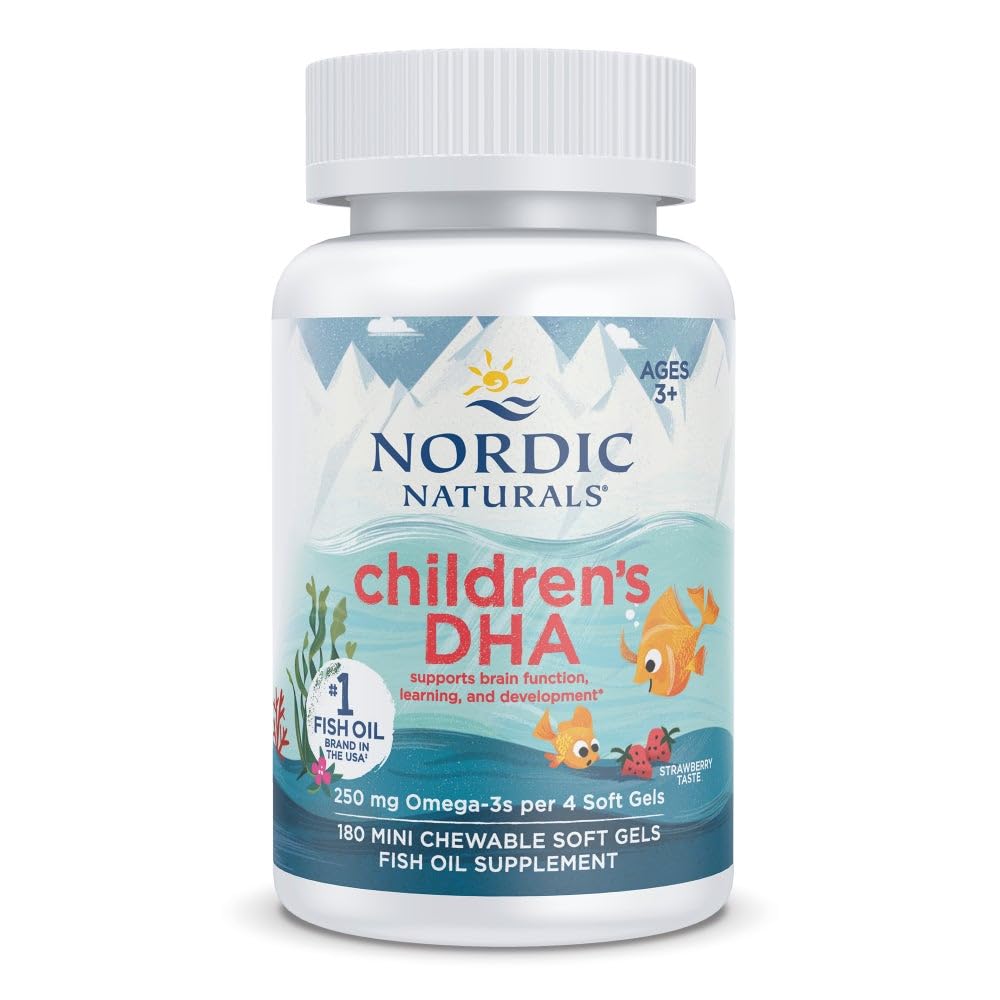 Naturals nórdicos DHA das crianças, morango - 180 Mini geles macios mastigáveis para crianças - 250 mg Omega-3 com EPA & DHA - Desenvolvimento do cérebro e função - Não-GMO - 45 Servings