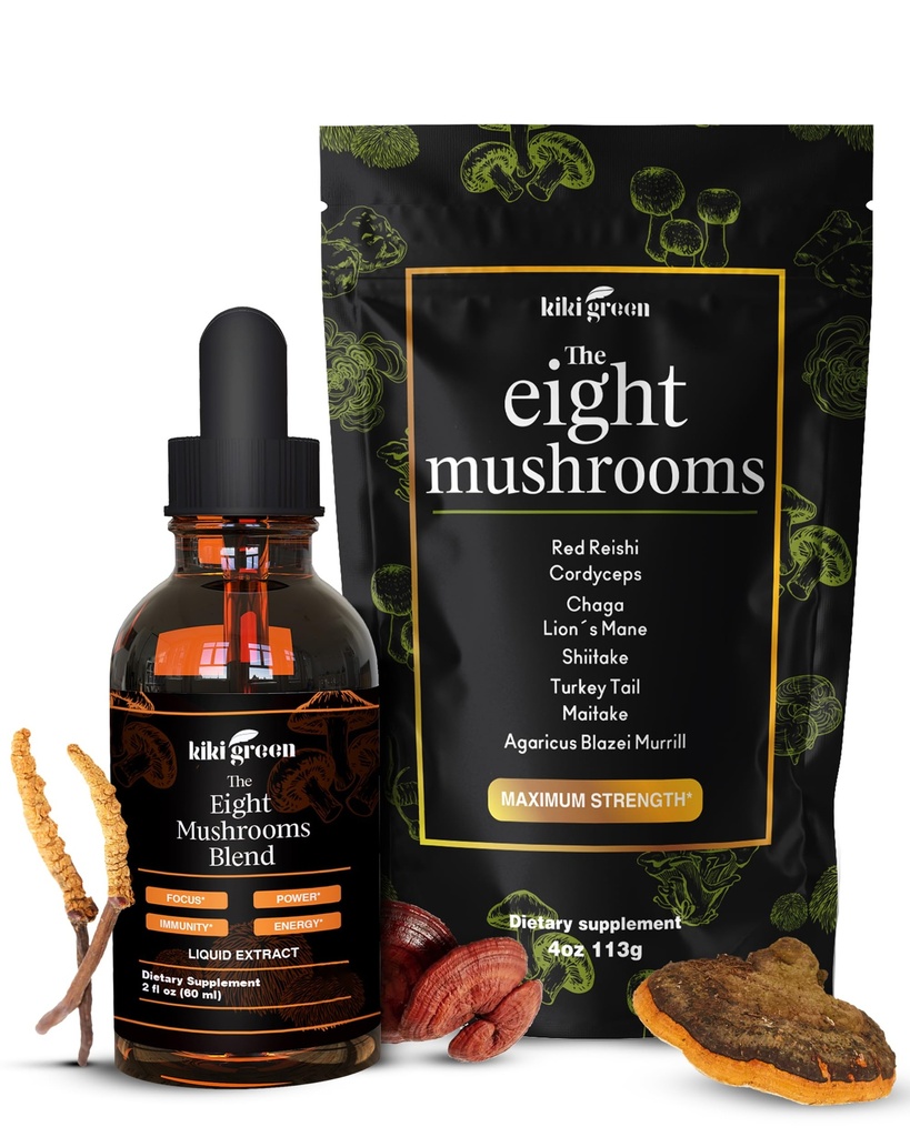 KIKI Verde 8 Cogumelos Pó e Extrato Líquido - Complexo Suplemento de Cogumelo para Foco e Energia - Mane Leão, Chaga, Cordyceps, Turquia Tail, Reishi, Shiitake, Maitake - 4 oz, 2 fl oz